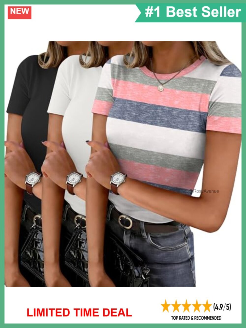 Women's Slim Fit Crew Neck Short Sleeve T-Shirts 3 Pack Casual Tops